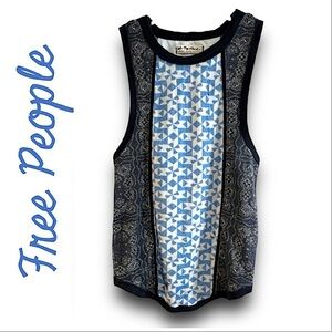 FREE PEOPLE Ribbed Knit Racerback Tank Top Black & Navy Print NWT XS